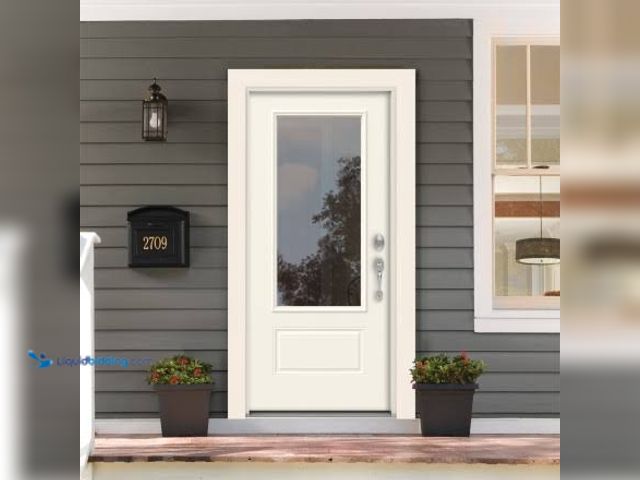 Lot 49-5542409 - Majestic Stee; 122 LH In-Swing 6-9/16'' Primed Composite Door with Weatherstrip and Satin Nickel Hin...
