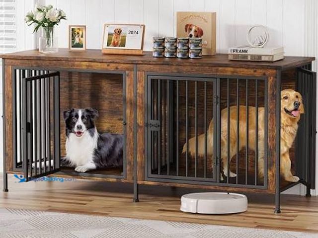 Lot 49-5545657 - Stained Oak Double Pet Crate Assembly, Unused with hardware