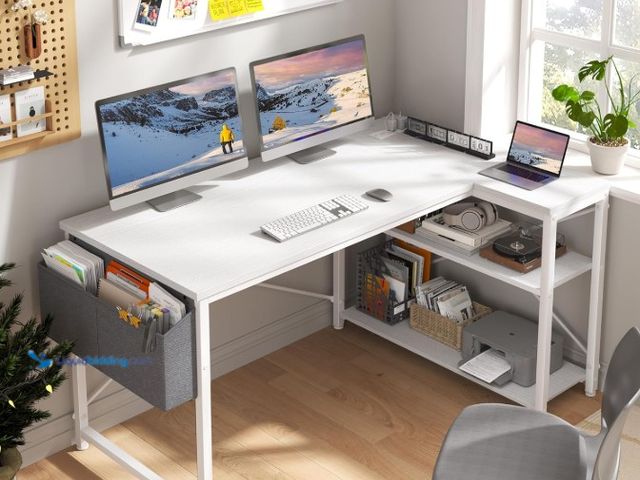 Lot 49-3480461 - EnHomee 48 Inch L Shaped Computer Desk with Storage Shelves & Side Bag, Office Desk with Power Outle...