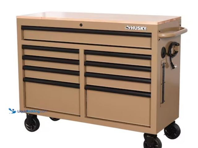 Lot 49-2006537 - Husky Standard Duty 46 in. W x 18 in. D 9-Drawer Gloss Tan Mobile Workbench Cabinet with Solid Wood ...