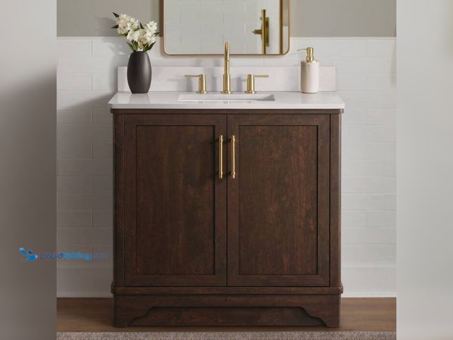 Lot 49-2024457 - Glacier Bay Eastwood 37 in. Single Sink Freestanding Bath Vanity in Dark Walnut with Carrara White E...