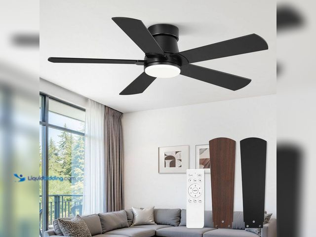 Lot 49-3564034 - 42 in. Black Standard Flush Mount Outdoor Ceiling Fan with Light, 6-Speed and 2-Toned Blades Quiet D...