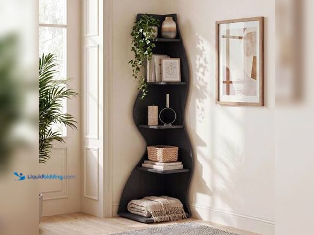 Lot 49-5572006 - BYBLIGHT Eulas 69.8 in. Tall Black Wood 5-Shelf Standard Bookcase Corner Bookshelf with Storage Shel...