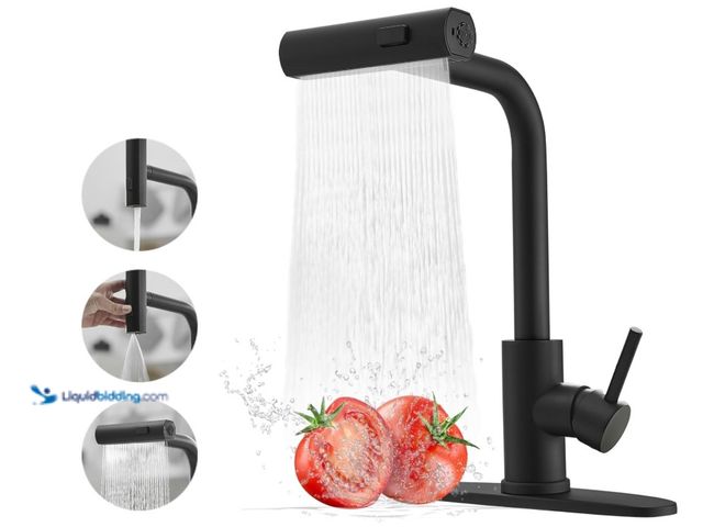 Lot 49-3431557 - Black Kitchen Faucets with Pull Down Sprayer, Waterfall Kitchen Sink Faucet, Commercial Utility Stai...