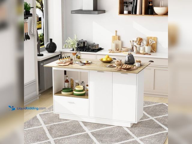 Lot 49-5406622 - Fufu & Gaga White/Oak Wood 59.1 in. W Kitchen Island Dining Table With Adjustable Shelves and Drawer...