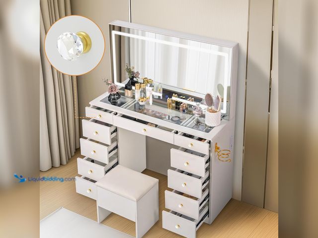 Lot 49-3536400 - Pamapic Glass Top Vanity Desk with Crystal Handles, 11 Drawers Makeup Vanity with Mirror and Stool, ...