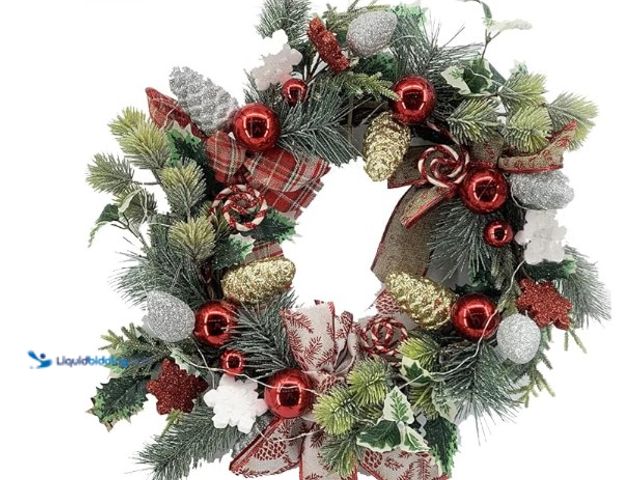 Lot 49-1542686 - (2) Floralies Handmade Christmas Door Wreath 20 Inches with Lights Outdoor Lighted Large Battery Ope...
