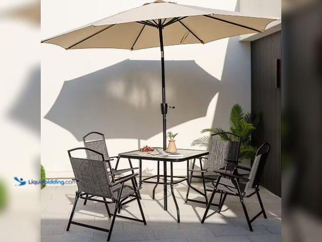 Lot 49-1516935 - FORCLOVER 34 in. Outdoor Dining Table Square Tempered Glass Table with 1.5 in. Umbrella Hole, Model ...