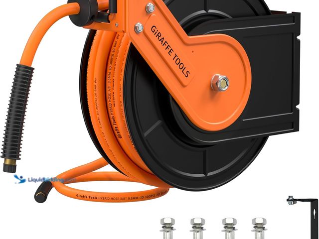 Lot 49-3532270 - Giraffe Tools TA15BPLUS Retractable Air Hose Reel with Swivel Bracket 3/8" x 50 ft Hybrid Hose, Ceil...