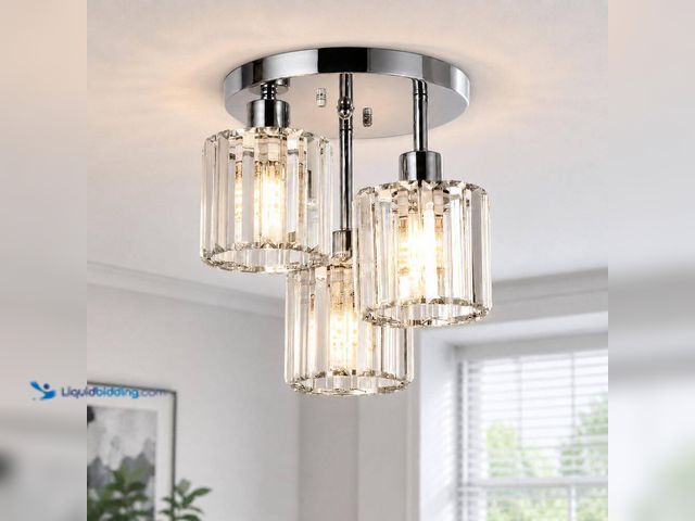 Lot 49-3564073 - 11 in. 3-Light Glass Shade Brushed Nickel Modern Flush Mount Chandelier for Kitchen Island with No B...