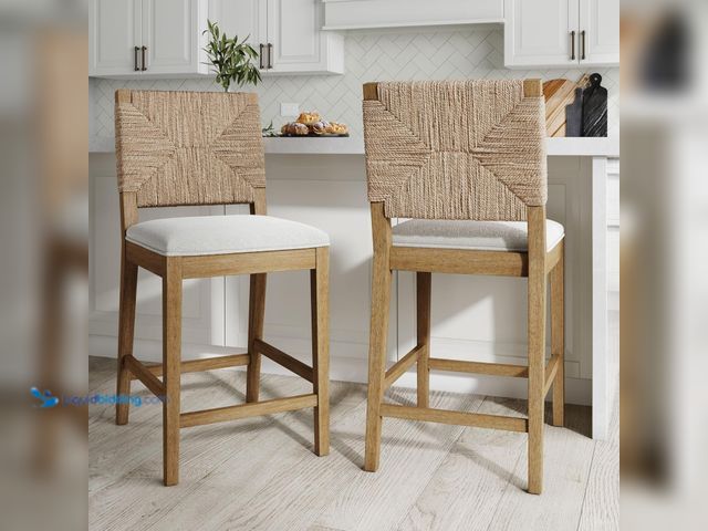 Lot 49-5453020 - Nathan James Beacon Bohemian Boucle Bar Stool, Upholstered Counter Height Chair with Solid Wood Fram...