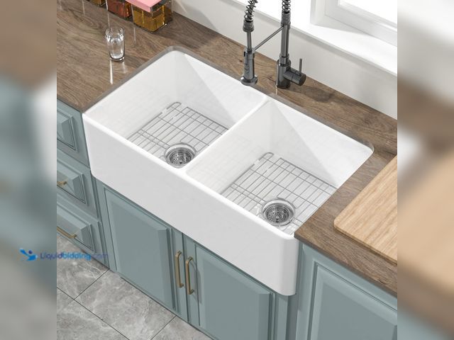 Lot 49-3532266 - Double Bowl Farmhouse Sink White 33 x 18 Inch, Firecaly Apron Front Undermount Farm Sink Reversible(...