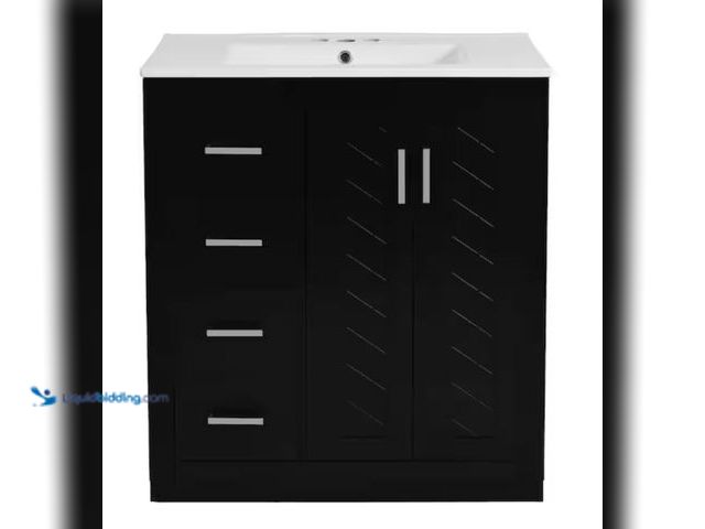 Lot 49-1623642 - Xuanlur Solid Wood Bathroom Vanity 30 in. Black Frame Bathroom Storage Cabinet, Ceramic Sink with 3 ...