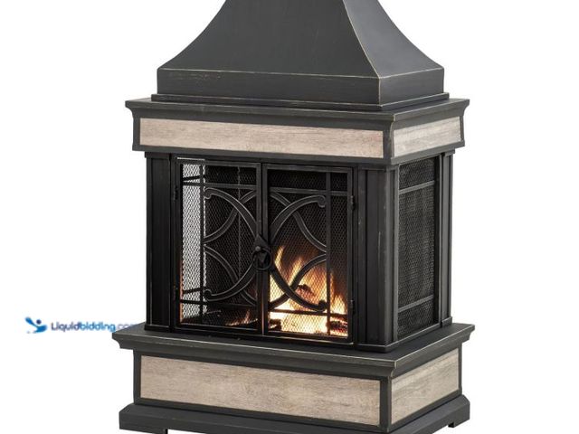 Lot 49-5510782 - Sunjoy Outdoor Fireplace, Stone Look Tile Patio Wood Burning Steel Fireplace with Chimney, Spark Scr...