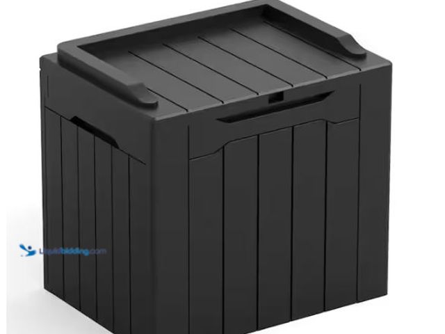 Lot 49-1624552 - Tozey 32 Gal. Mecha Style Black Polyresin Deck Box Model # V-PSB-0063-0, Unused, Has Attachments  Re...