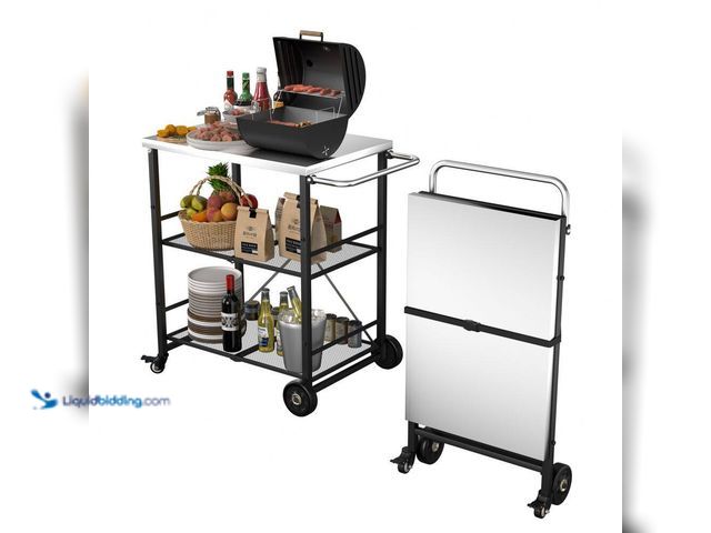 Lot 49-5414773 - 3- Shelf Stainless Steel Foldable Outdoor Grill Cart Indoor Prep Table with 4 Wheels (28 in. W x 18....