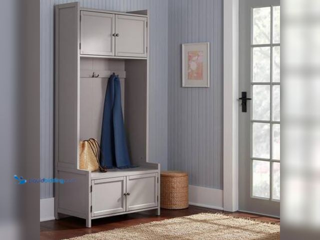 Lot 49-5558834 - 2 BOXES - Home Decorators Collection Wolcott Riverbed Beige Wood Hall Tree with Bench and Storage (3...