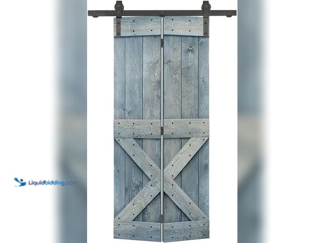 Lot 49-5437248 - 38 in. x 84 in. Mini X Series Denim Blue Stained DIY Wood Bi-Fold Barn Door with Sliding Hardware Ki...