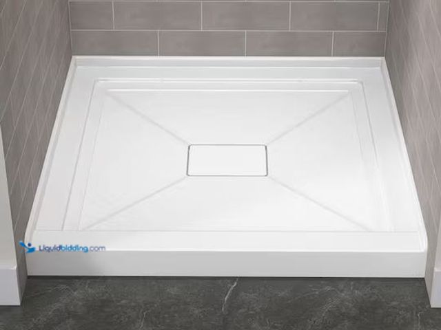 Lot 49-5555325 - 34 in. L x 34 in. W Alcove Shower Pan Base with Center Drain Hole and Magnetic Cover in White Square...