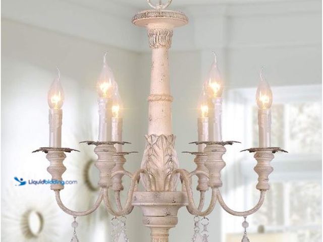 Lot 49-1517452 - French Country Candle Style Chandelier, Handmade White Distressed Wood Lighting Ceiling Light Fixtur...