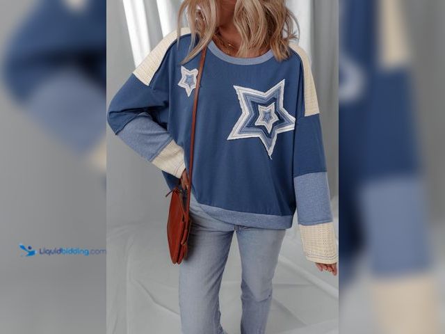 Lot 49-1570337 - Size Medium Dark Blue Contrast Knitted Color block Star Patchwork Oversize Long Sleeve Top, Model # ...