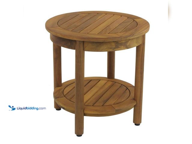 Lot 49-5406605 - Aqua teak Patented 18 in. x 18 in. Omega Round Freestanding Teak Shower Bench with Shelf Walk in Sho...