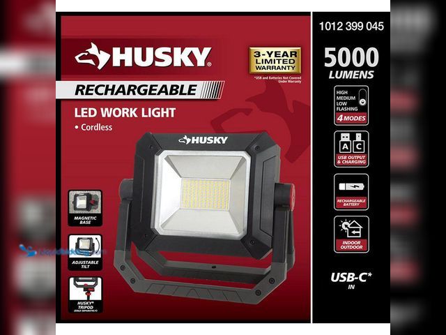 Lot 49-5560129 - Husky
5000 Lumens LED Rechargeable Work Light. Model # EL2206-50W7. Used slightly