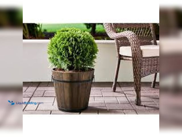 Lot 49-5485795 - Vigoro 14 in. Jackson Medium Brown Wood Barrel Planter (14 in. D x 12.8 in. H) with Drainage Hole. M...