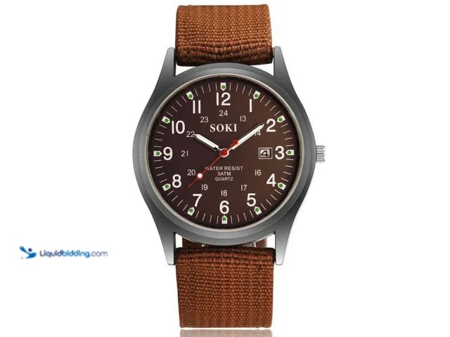 Lot 49-5393254 - SOKI Quartz Wrist Watch with Date Display and Nylon Strap - Brown - Featuring quartz movement, lumin...