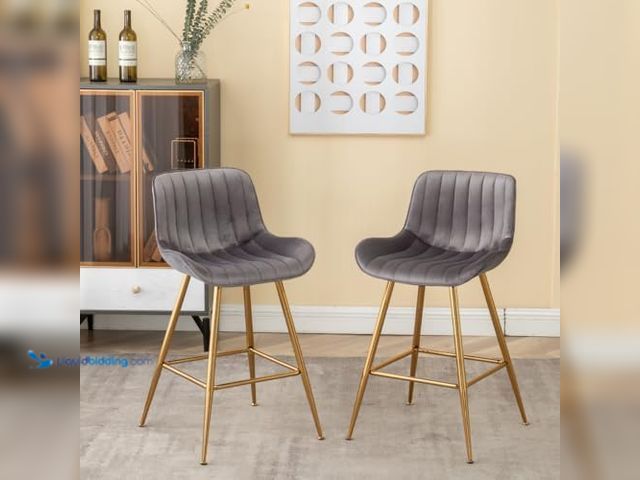 Lot 49-1567712 - Set of (2) GBZB Gold Bar Stools, Gray Velvet Bar Stools with Backrest and Solid Metal Legs, Kitchen ...