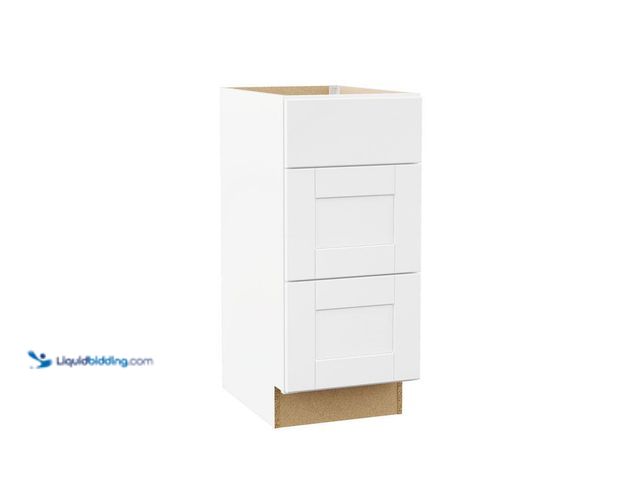 Lot 49-5463768 - Hampton Bay
Shaker 15 in. W x 21 in. D x 34.5 in. H Assembled Bath 3-Drawer Base Cabinet in Satin W...