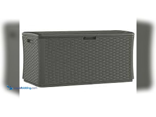 Lot 49-5423332 - Suncast 134 Gal. Plastic Wicker Deck Box - Stoney. Model # BMDB13400ST. Slightly used.