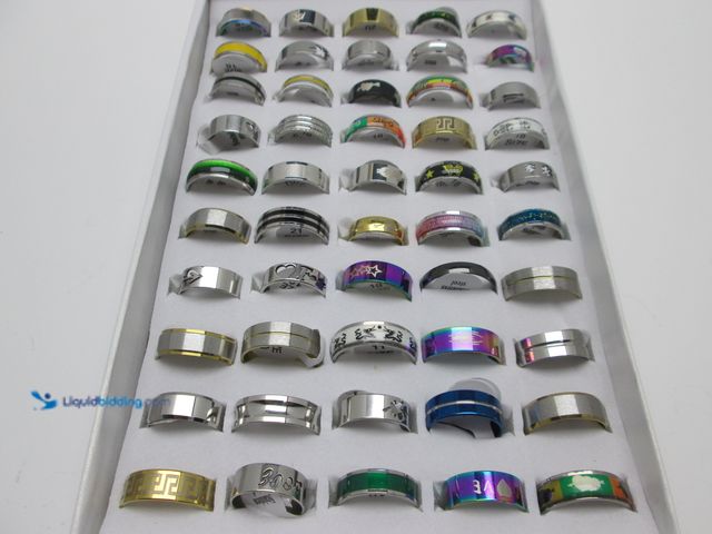 Lot 49-5393570 - Bulk Lot of 50 Stainless Steel Rings in Retail Display Box - NEW - Includes Men's and Women's Sizes/...