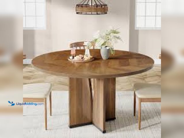 Lot 49-5415391 - BYBLIGHT Roesler Farmhouse Walnut Wood 39.37 in. W Pedestal Round Dining Table without Chairs, Kitch...