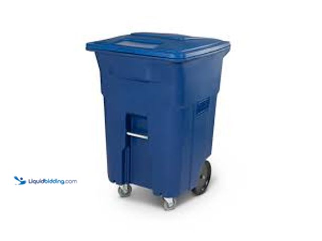 Lot 49-3565800 - Toter 96 Gallon Blue Plastic Wheeled Hinged Lid Trash Can. Model #ACC96-00BLU. Used