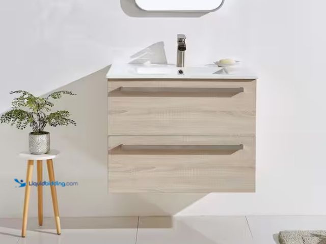 Lot 49-1562461 - 30 in. W x 18.5 in. D x 23 in. H Floating Bathroom Vanity in Light Oak with White Ceramic Top and Ve...