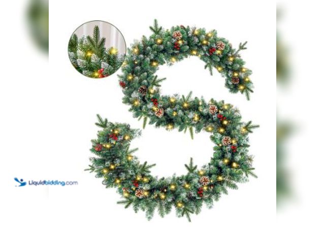 Lot 49-1544843 - 9ft Pre-Lit Christmas Garland with Warm White LED Lights, 8 Modes, Red Berries and Frosted Pinecones...