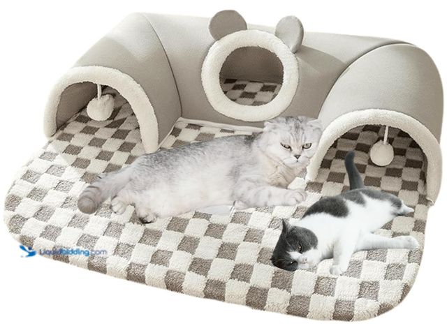 Cat Tunnel Bed With Toys - Grey Medium Peekaboo Cave For Multiple Cats & Small Pets