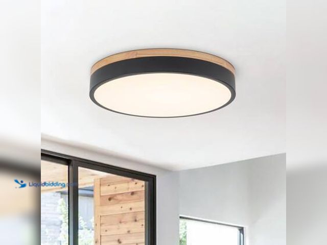 Lot 49-5572391 - HUOKU Lumin 1-Light 15.7 in. W Matte Black Selectable CCT Color Changing LED Round Wood Ceiling Flus...