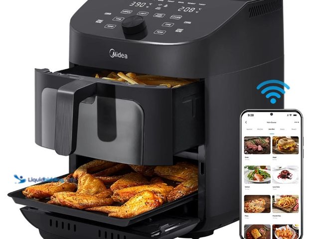 Lot 49-3535377 - Midea Dual Basket Air Fryer Oven 11 Quart 8 in 1 Functions, Clear Window, Smart New