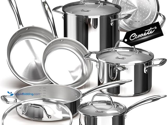 Lot 49-3430544 - (11-Piece) Ciwete Tri-Ply Stainless Steel Pots and Pans Set, 18/10 Stainless Steel Induction Cookwar...