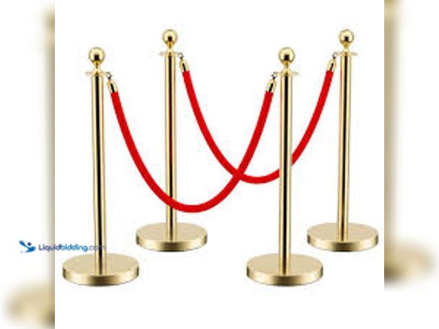 Lot 49-5459608 - HOMEIBRO Gold Stainless Steel Crowd Control Barrier 38 in. H with Ball Top and 5 ft. Red Rope (Set o...