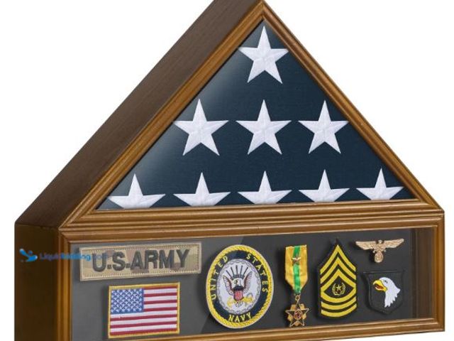 Lot 49-3432164 - Flag Case for 3'x5' American Flag Display Case Brown Wood Memorial Flag Veteran Military Medal Pins ...