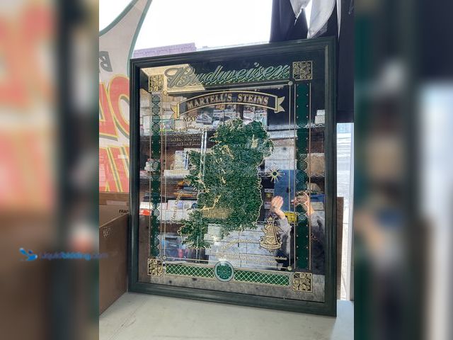 Lot 49-1830488 - Sign RARE BUDWEISER MARTELL’S STEINS BAR MIRROR FRAMED AND READY TO HANG MEASURES APPROXIMATELY 26 I...