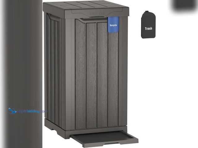 Lot 49-5459771 - EAST OAK 31 Gallon Outdoor Trash Can | Waterproof Resin Garbage Can with Recycle and Garbage Labels ...