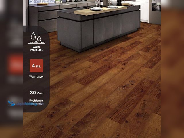 Lot 49-5437503 - Approx 1500 Sq Ft. TrafficMaster Walnut Ember Java 4 MIL x 6 in. W x 36 in. L Peel and Stick Water R...
