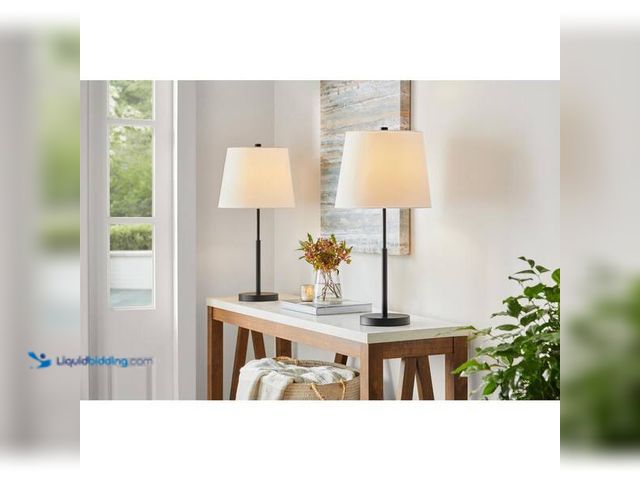 Lot 49-5454345 - Hampton Bay Warrington 24.5 in. Black Table Lamp Set with White Fabric Shades and (Set of 2) Model #...