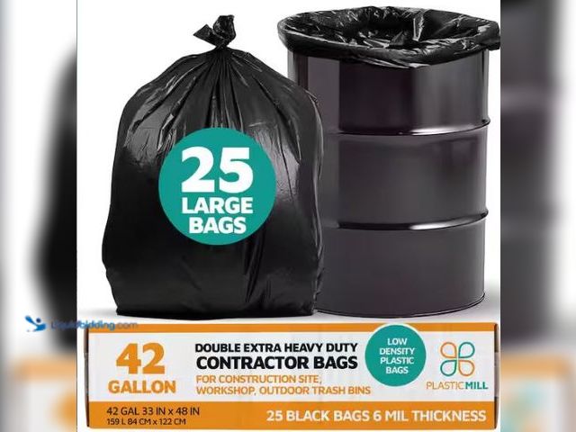 Lot 49-1549357 - PlasticMill 33 in. W x 48 in. H. 42 Gal. 6 mil Black Contractor Bags (25-Count), Model # PM-3348-6-B...