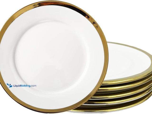 Lot 49-5406180 - 10 Inch Gold - Trimmed White Ceramic Large - Size Appetizer & Dessert Plates Set of 6 with Glass - l...