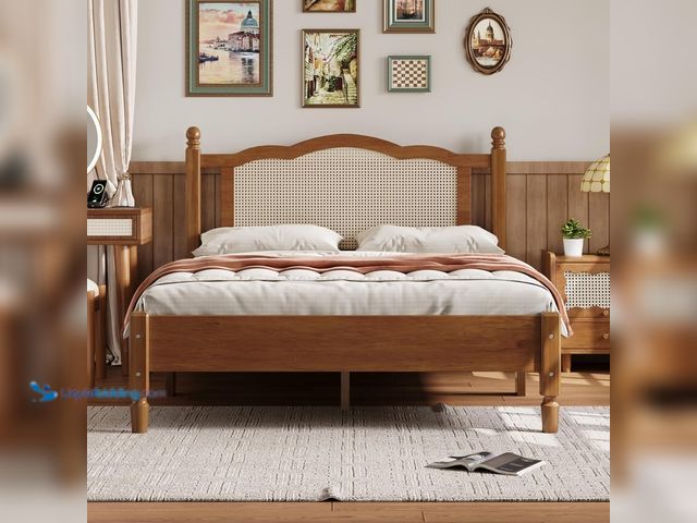 Lot 49-1536991 - Full Size Wooden Platform Bed with Natural Rattan Headboard, Vintage Bed Frame with Wooden Slat Supp...